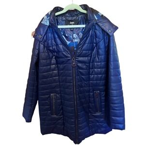 Dennis‎ Basso Quilted Hooded Coat Faux Fur Trim Blue Puffer Jacket XS